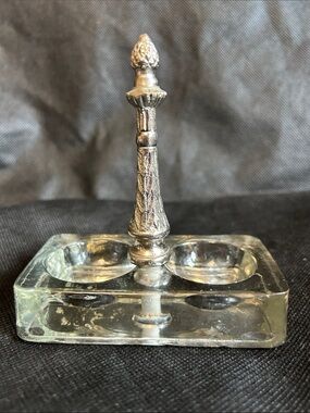 Vintage Double Inkwell Glass Base with Ornate Silver Tone Stand
